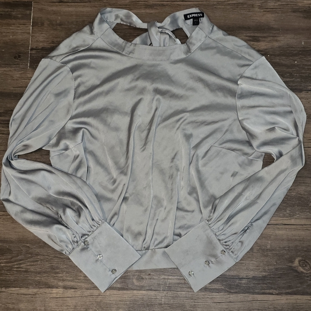Express Pale Green Satin Blouse Large Cutout Back Long Sleeve Top